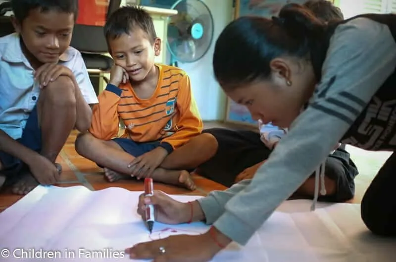practicing community: Girl draws on paper on the floor while other children watch